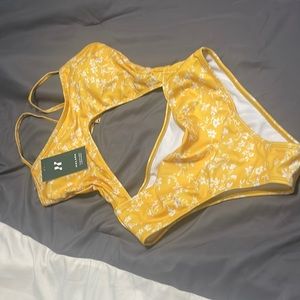 One piece halara bathing suit yellow floral NWT